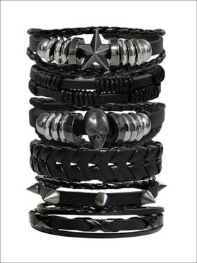 6 Pc PU Leather Studded Skull Star Wristband Bracelets Gothic Punk Cuff Set